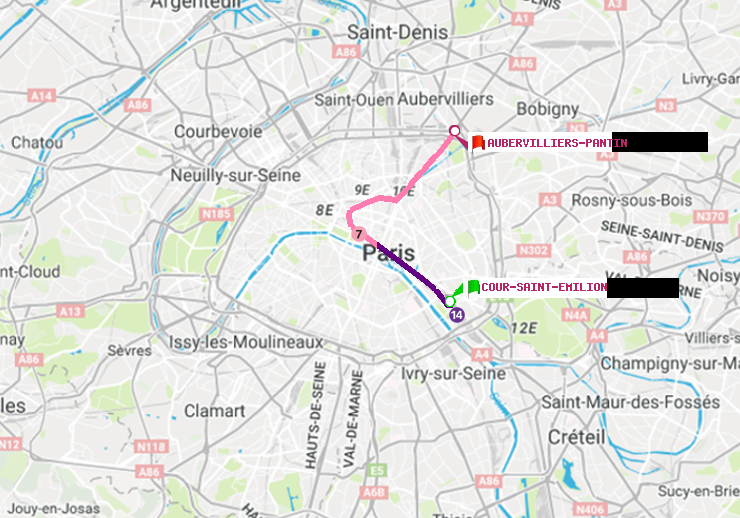 plan itinéraire ratp de Cour Saint-Emilion à Aubervilliers Pantin (4 Chemins)