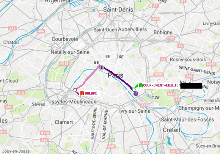 plan itinéraire ratp de Cour Saint-Emilion à Balard