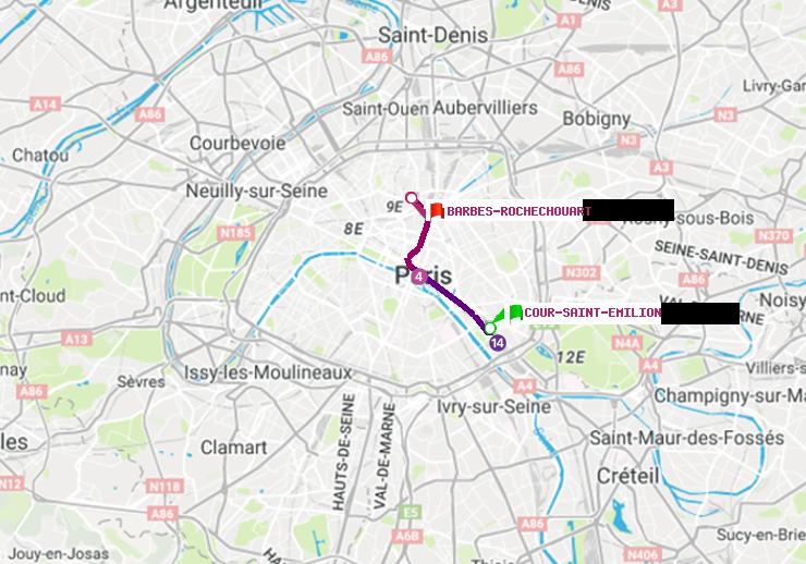 plan itinéraire ratp de Cour Saint-Emilion à Barbès-Rochechouart
