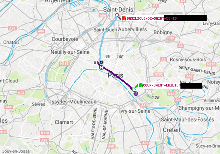 plan itinéraire ratp de Cour Saint-Emilion à Basilique de Saint-Denis