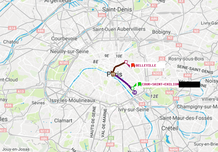 plan itinéraire ratp de Cour Saint-Emilion à Belleville