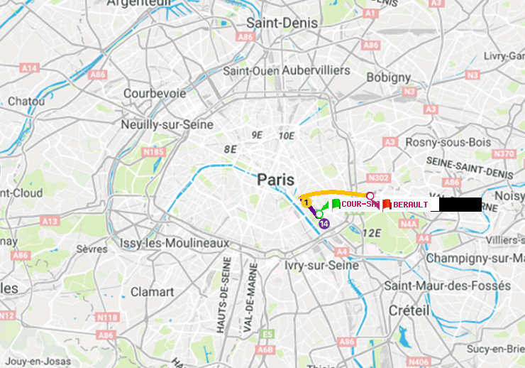 plan itinéraire ratp de Cour Saint-Emilion à Bérault