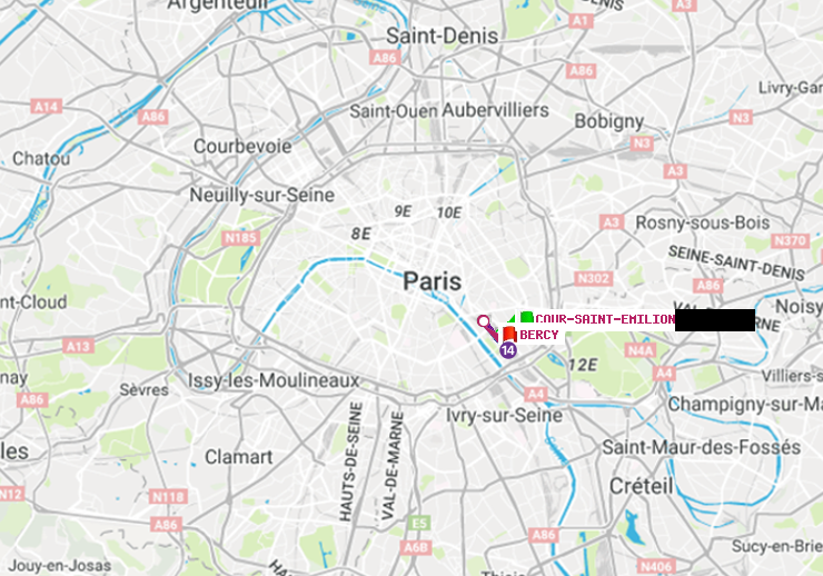 plan itinéraire ratp de Cour Saint-Emilion à Bercy