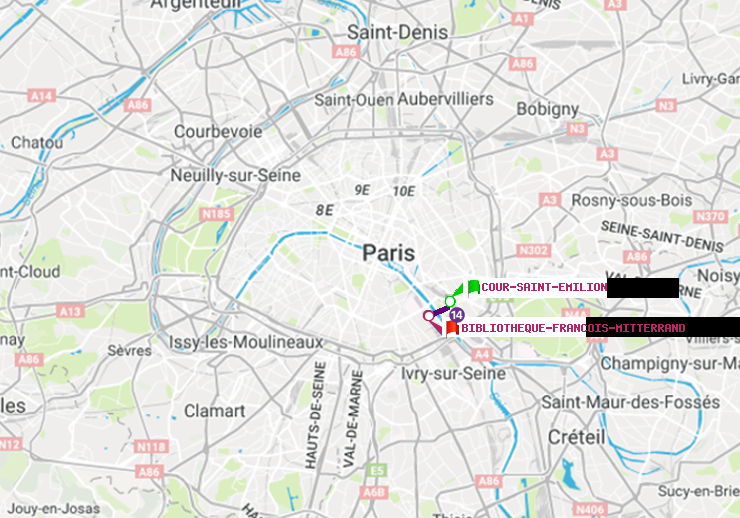plan itinéraire ratp de Cour Saint-Emilion à Bibliotheque-Francois Mitterrand