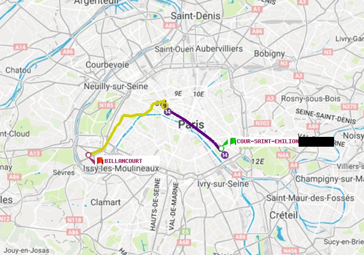 plan itinéraire ratp de Cour Saint-Emilion à Billancourt