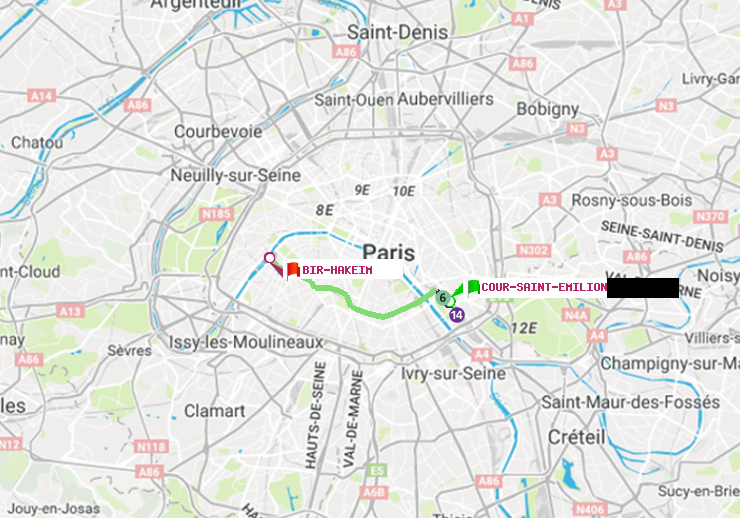 plan itinéraire ratp de Cour Saint-Emilion à Bir-Hakeim (Grenelle)