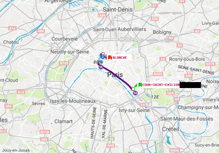 plan itinéraire ratp de Cour Saint-Emilion à Blanche