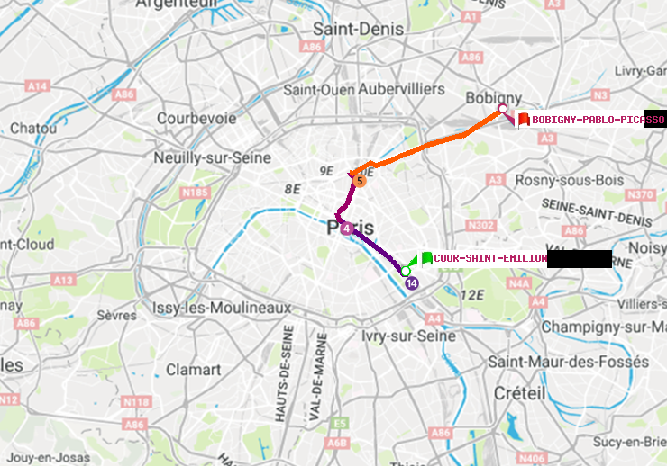 plan itinéraire ratp de Cour Saint-Emilion à Bobigny-Pablo-Picasso