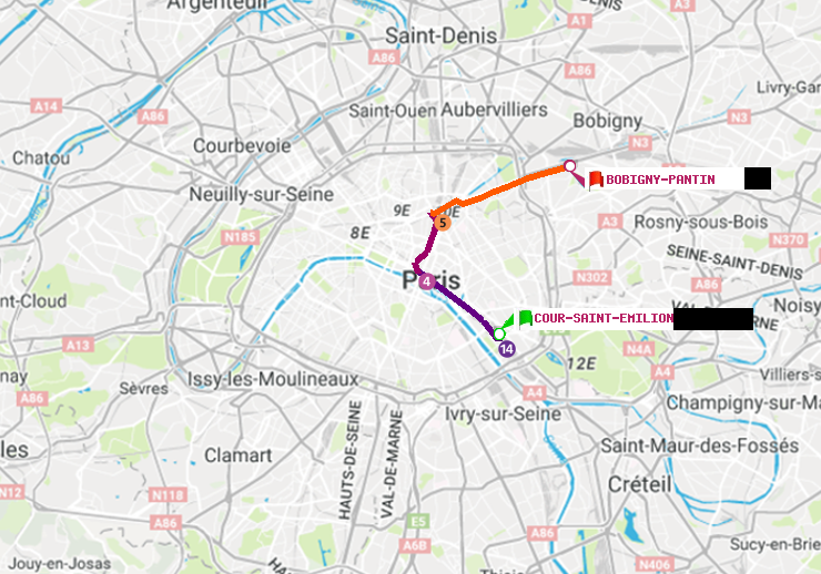 plan itinéraire ratp de Cour Saint-Emilion à Bobigny-Pantin (Raymond Queneau)