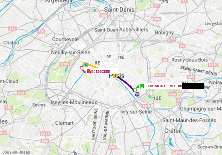 plan itinéraire ratp de Cour Saint-Emilion à Boissière