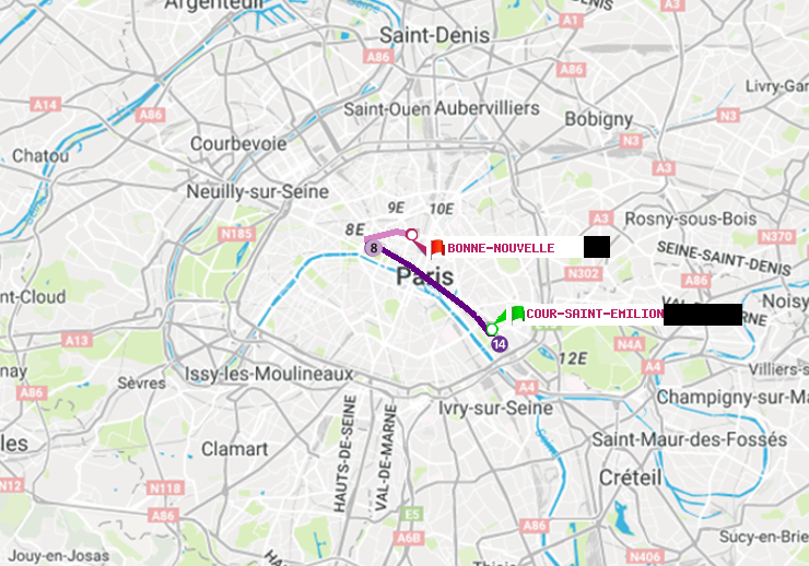 plan itinéraire ratp de Cour Saint-Emilion à Bonne Nouvelle