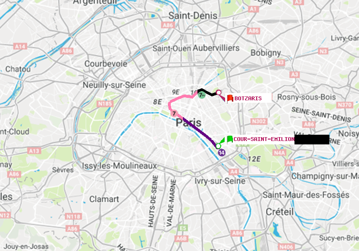 plan itinéraire ratp de Cour Saint-Emilion à Botzaris