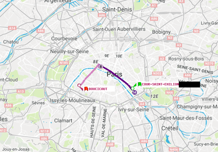 plan itinéraire ratp de Cour Saint-Emilion à Boucicaut