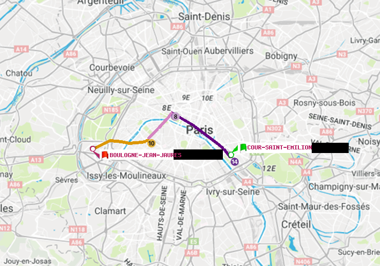 plan itinéraire ratp de Cour Saint-Emilion à Boulogne-Jean-Jaurès