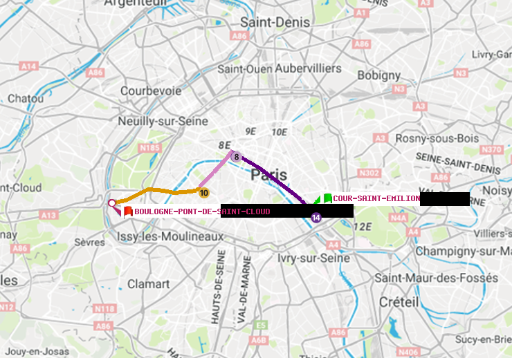 plan itinéraire ratp de Cour Saint-Emilion à Boulogne Pont de Saint-Cloud