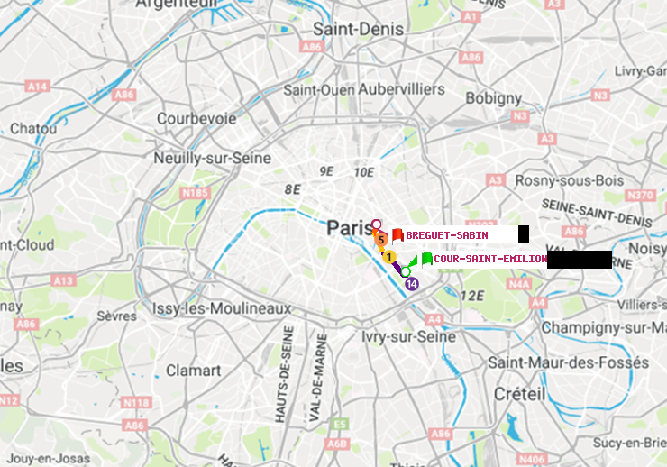plan itinéraire ratp de Cour Saint-Emilion à Bréguet-Sabin