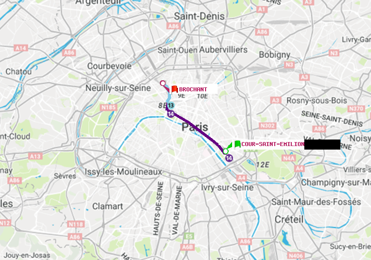 plan itinéraire ratp de Cour Saint-Emilion à Brochant