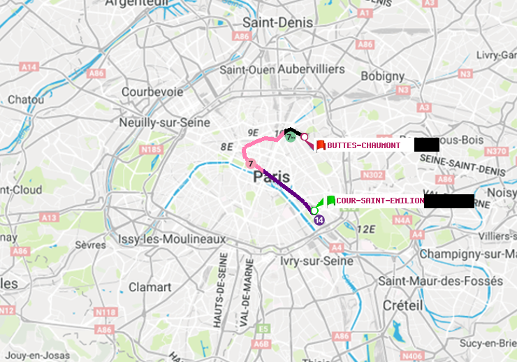 plan itinéraire ratp de Cour Saint-Emilion à Buttes-Chaumont
