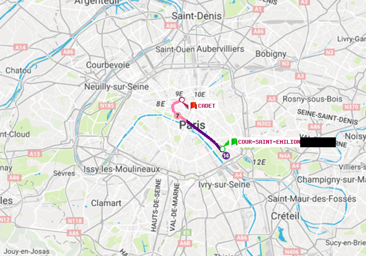 plan itinéraire ratp de Cour Saint-Emilion à Cadet
