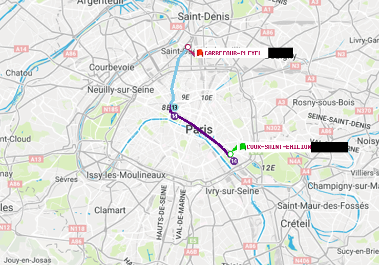 plan itinéraire ratp de Cour Saint-Emilion à Carrefour-Pleyel