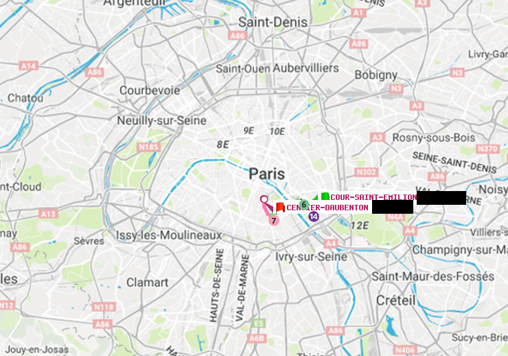 plan itinéraire ratp de Cour Saint-Emilion à Censier-Daubenton