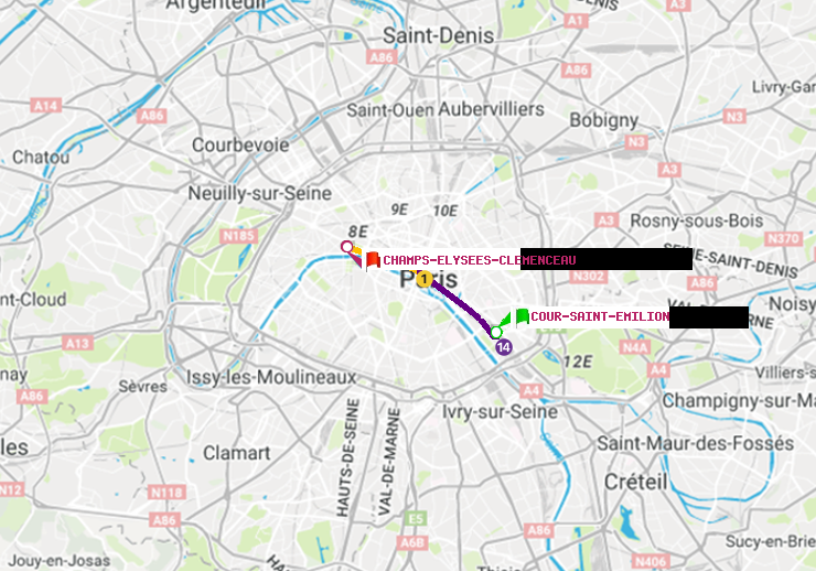 plan itinéraire ratp de Cour Saint-Emilion à Champs-Elysées-Clémenceau