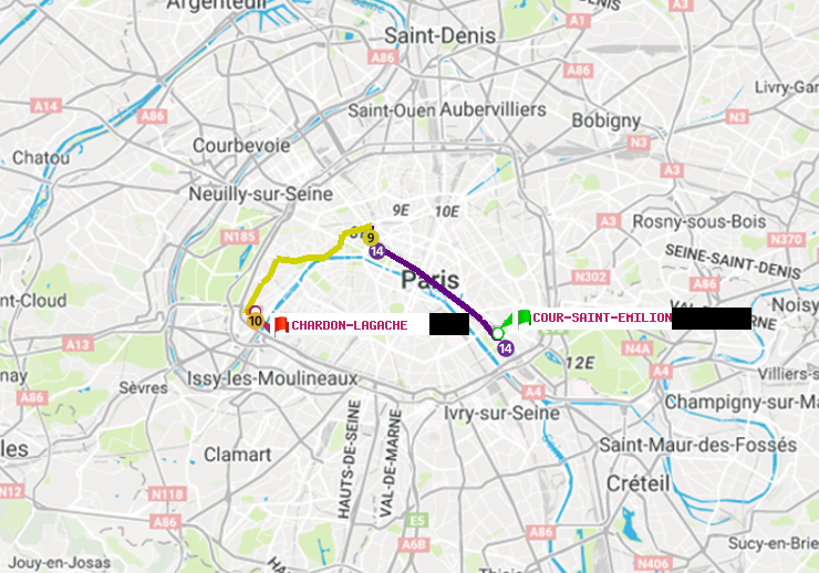 plan itinéraire ratp de Cour Saint-Emilion à Chardon-Lagache