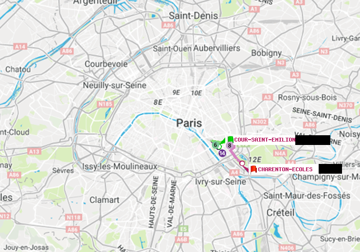 plan itinéraire ratp de Cour Saint-Emilion à Charenton-Ecoles