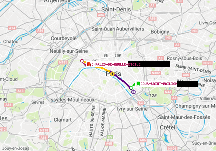 plan itinéraire ratp de Cour Saint-Emilion à Charles de Gaulle-Etoile
