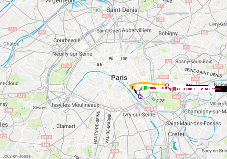 plan itinéraire ratp de Cour Saint-Emilion à Château de Vincennes