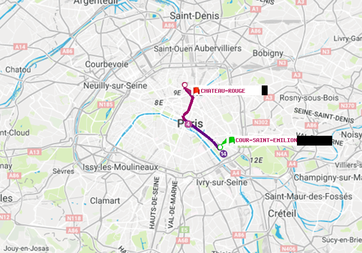 plan itinéraire ratp de Cour Saint-Emilion à Château Rouge