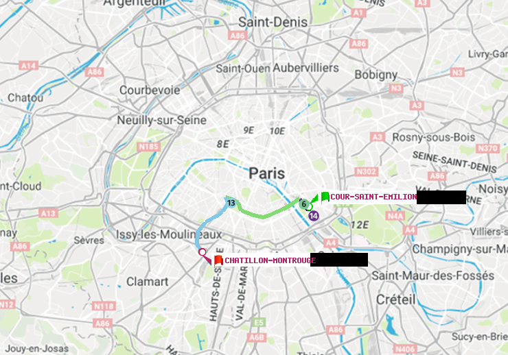 plan itinéraire ratp de Cour Saint-Emilion à Châtillon Montrouge