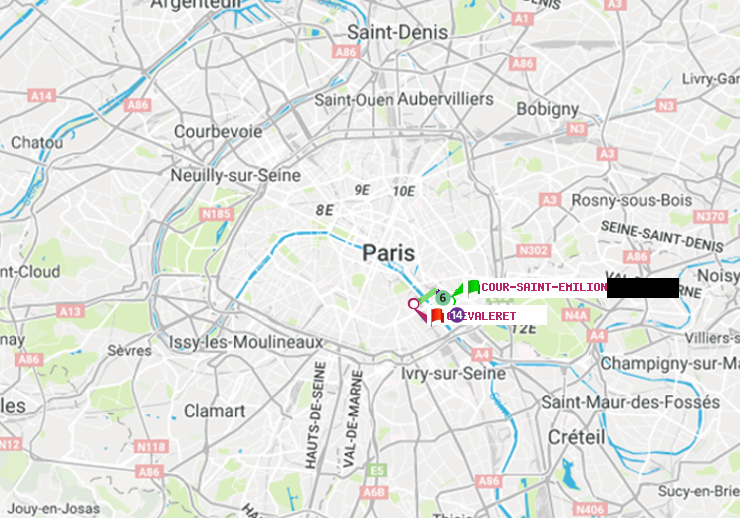 plan itinéraire ratp de Cour Saint-Emilion à Chevaleret
