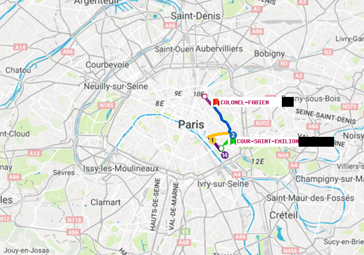 plan itinéraire ratp de Cour Saint-Emilion à Colonel Fabien