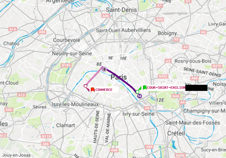 plan itinéraire ratp de Cour Saint-Emilion à Commerce