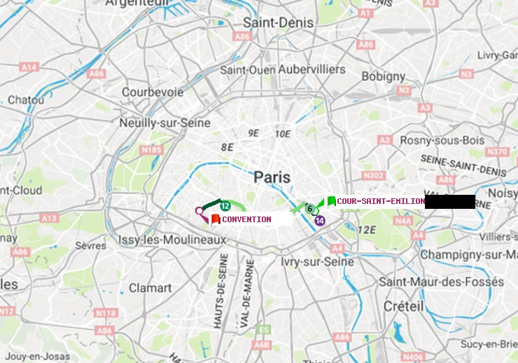 plan itinéraire ratp de Cour Saint-Emilion à Convention