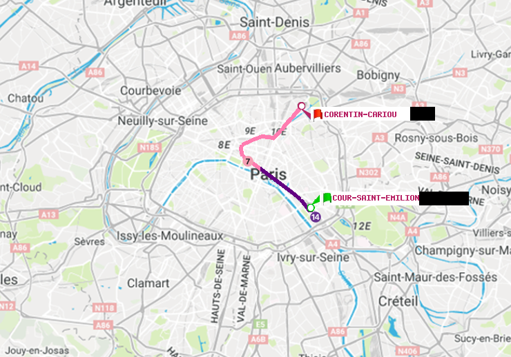 plan itinéraire ratp de Cour Saint-Emilion à Corentin-Cariou