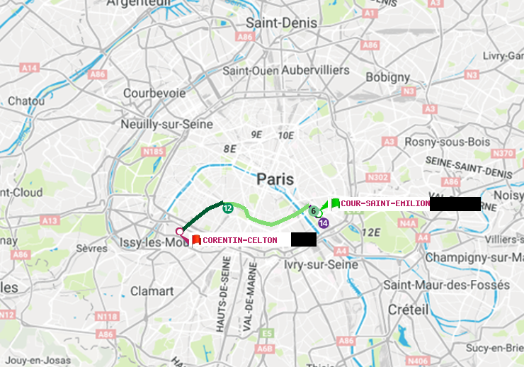 plan itinéraire ratp de Cour Saint-Emilion à Corentin-Celton