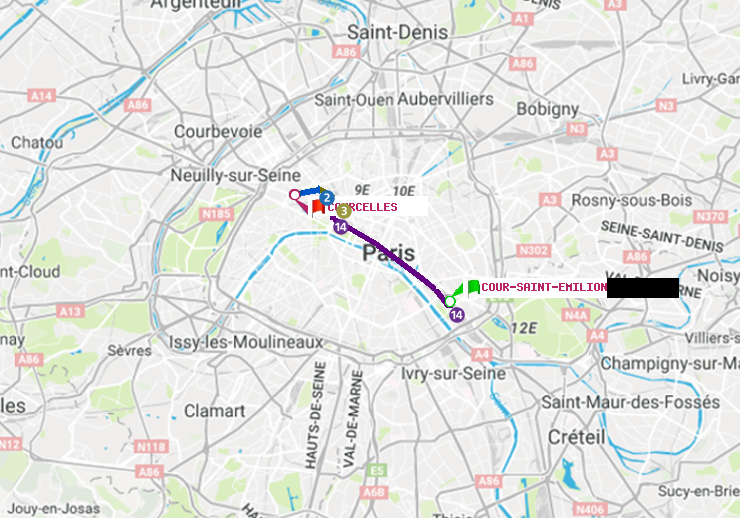 plan itinéraire ratp de Cour Saint-Emilion à Courcelles