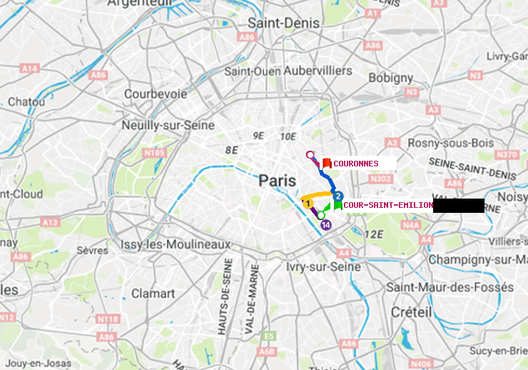 plan itinéraire ratp de Cour Saint-Emilion à Couronnes