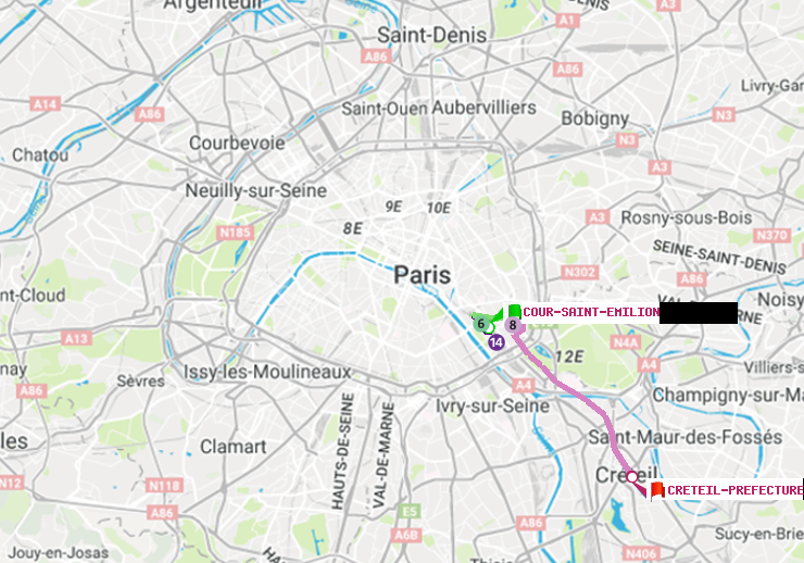 plan itinéraire ratp de Cour Saint-Emilion à Créteil-Préfecture (Hôtel de Ville)