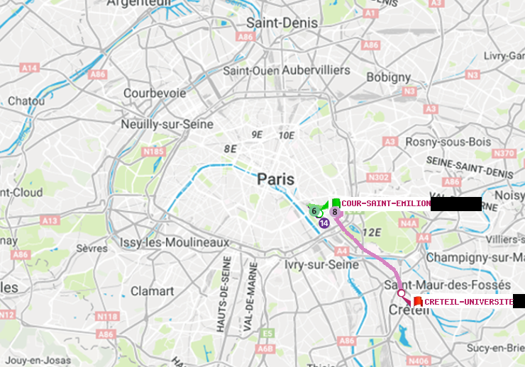 plan itinéraire ratp de Cour Saint-Emilion à Créteil-Université