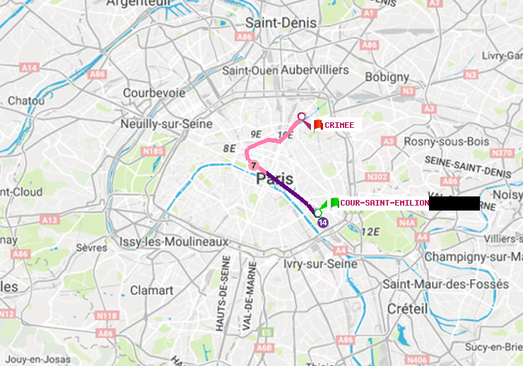 plan itinéraire ratp de Cour Saint-Emilion à Crimée