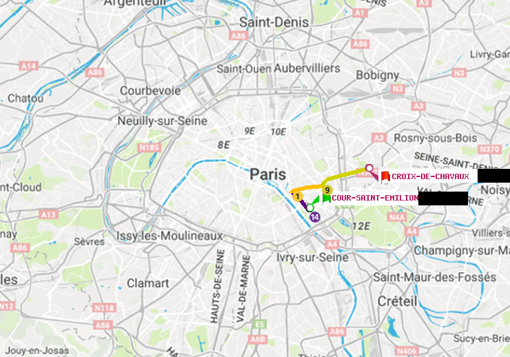 plan itinéraire ratp de Cour Saint-Emilion à Croix-de-Chavaux (Jacques Duclos)