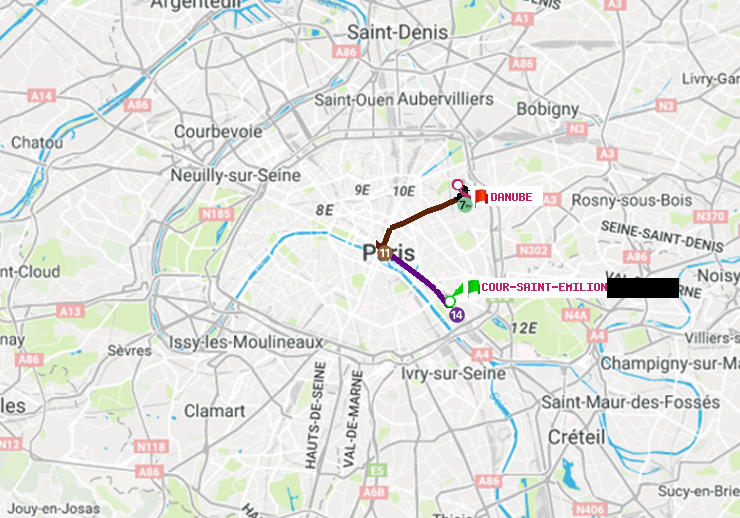 plan itinéraire ratp de Cour Saint-Emilion à Danube