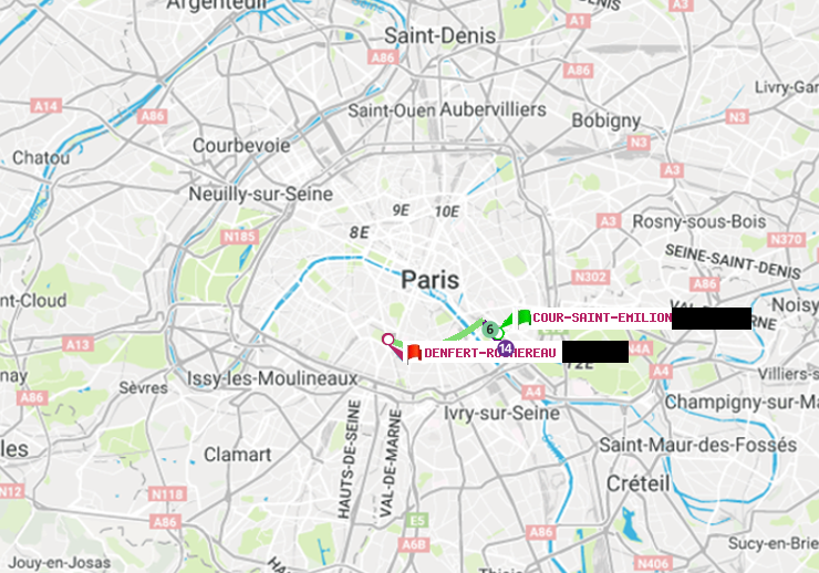 plan itinéraire ratp de Cour Saint-Emilion à Denfert-Rochereau