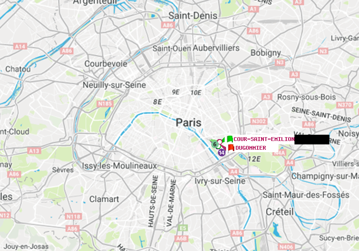 plan itinéraire ratp de Cour Saint-Emilion à Dugommier