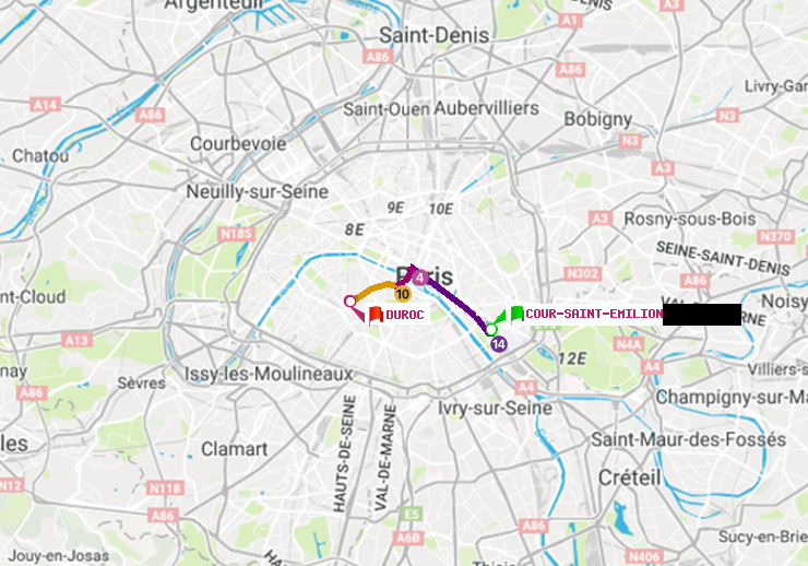plan itinéraire ratp de Cour Saint-Emilion à Duroc