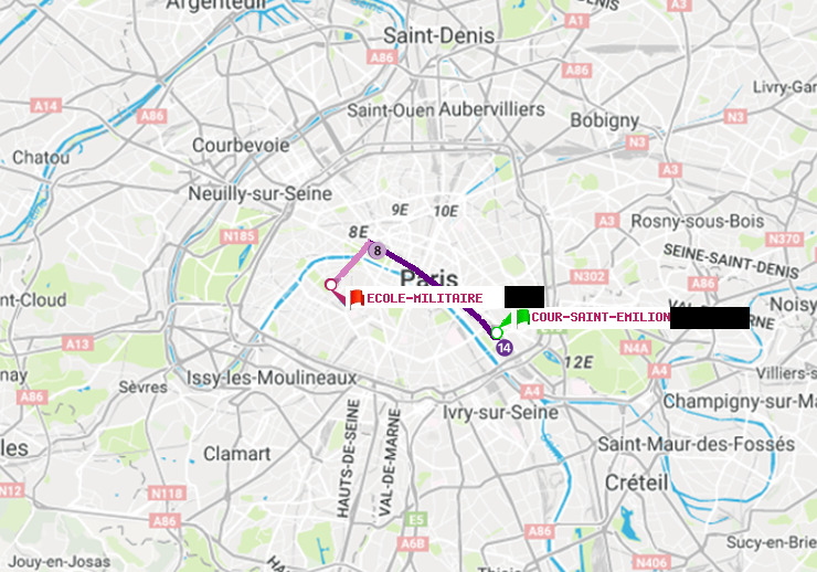 plan itinéraire ratp de Cour Saint-Emilion à Ecole Militaire
