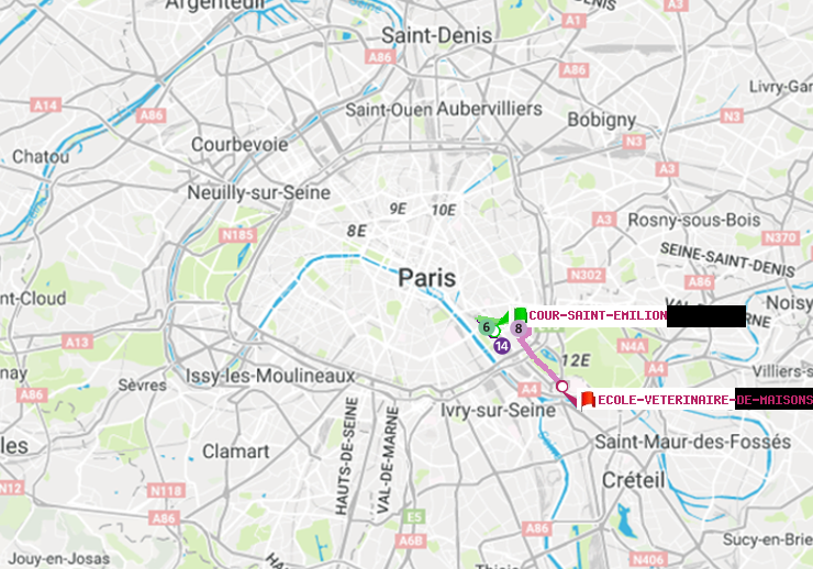 plan itinéraire ratp de Cour Saint-Emilion à Ecole Vétérinaire de Maisons-Alfort